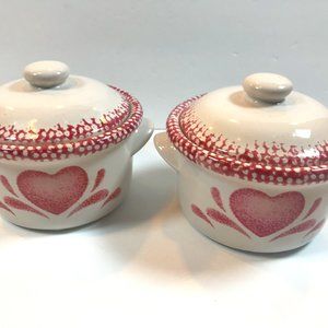 Vintage Spongeware 2 piece crock set. With red trim and heart on face.
